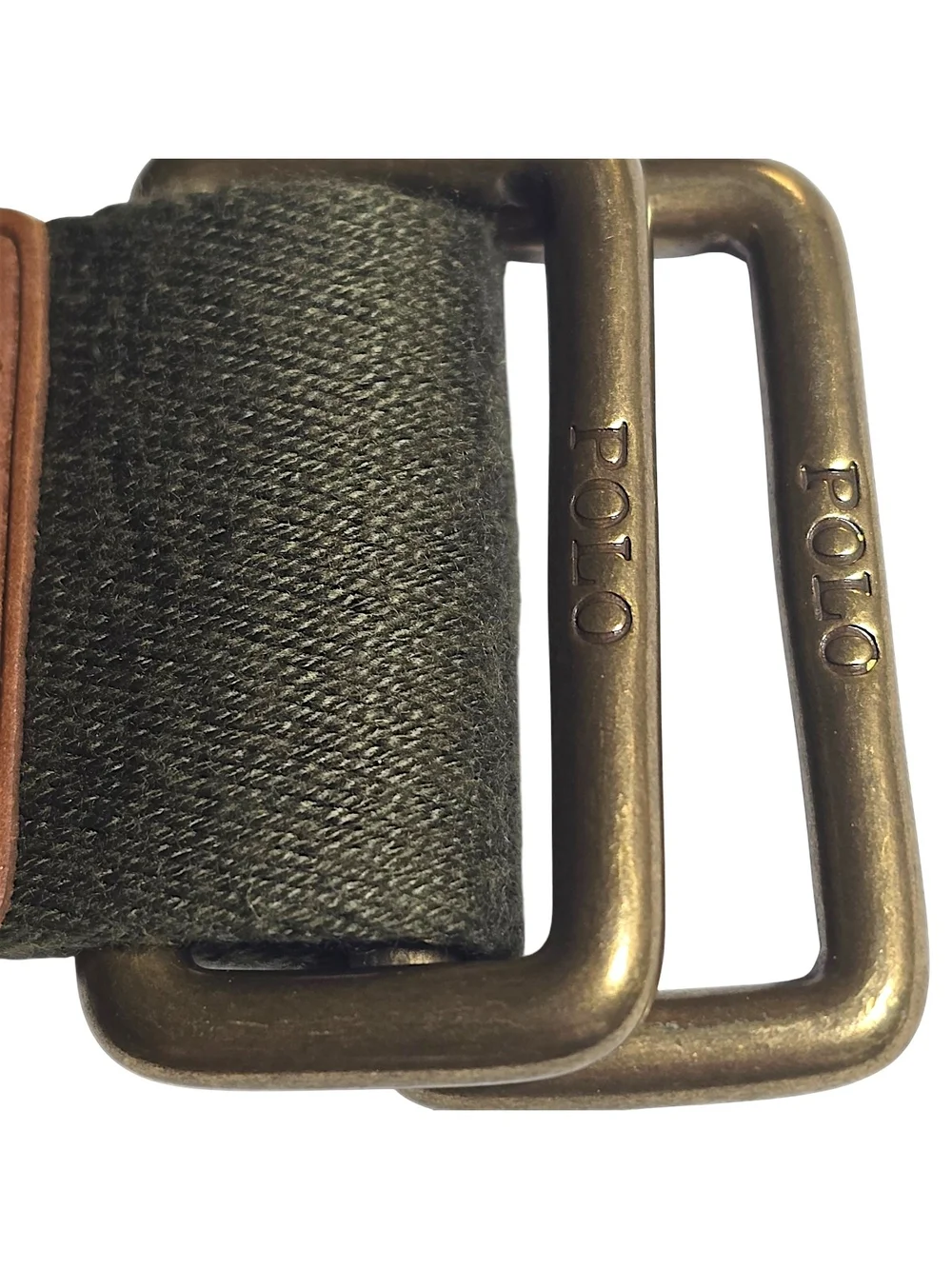 Vintage Polo Ralph Lauren Olive Web Belt Brass D Ring Leather Pony 46.5”